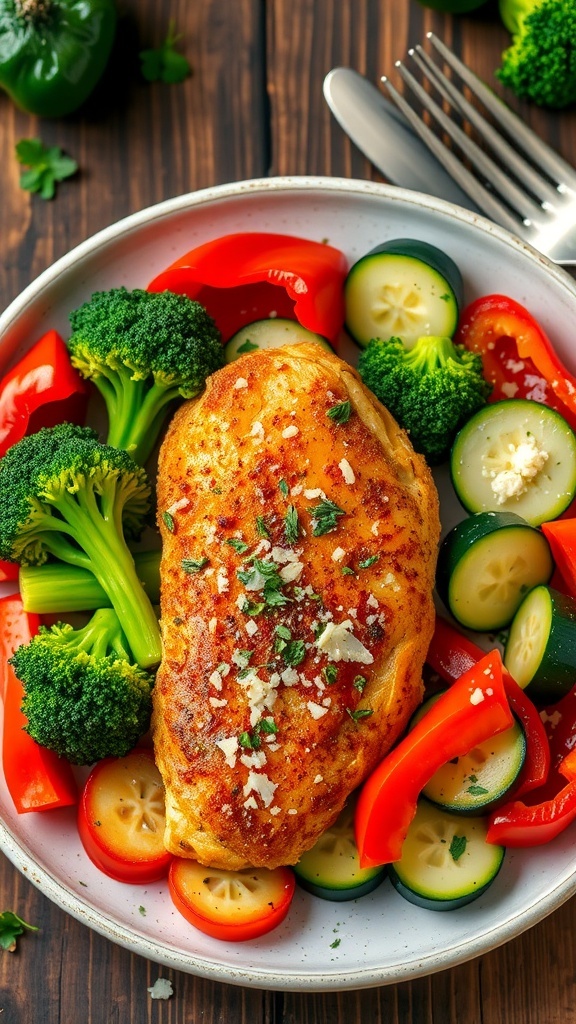 Healthy Low-Carb Air Fryer Dinner Ideas Air-fried chicken with broccoli, zucchini, and bell peppers on a plate, garnished with herbs and Parmesan.